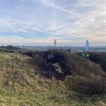 Three people cutting a large cotoneaster bush on sand dunes with lightly cloudy blue sky and distant inland view of surrounding countryside