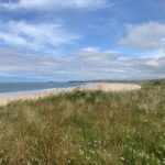 View of sea, wide sandy beach and dunes on a sunny day